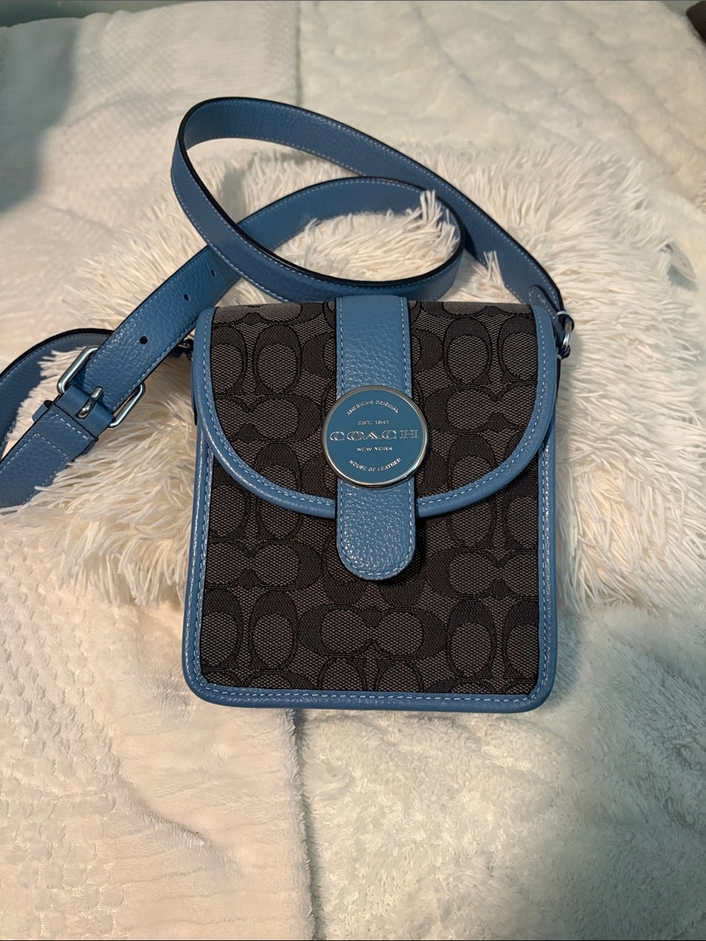 Coach Black Signature Crossbody with Blue Trim